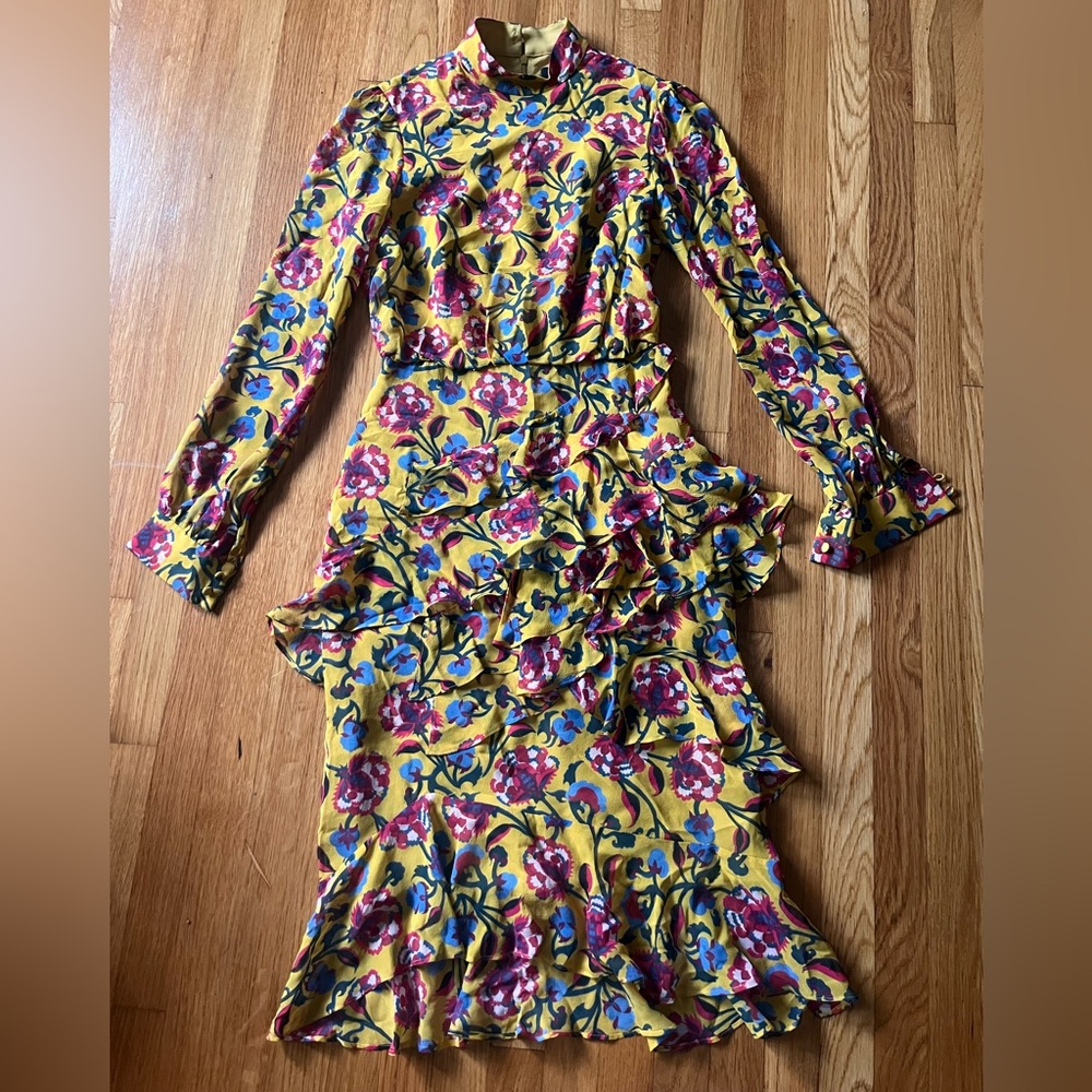 Saloni yellow floral midi dress size 0 - WORN ONCE